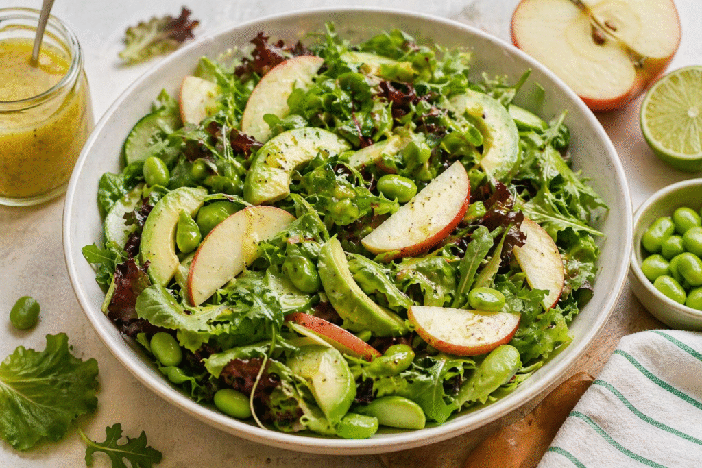 Healthy mixed green salad with avocado, apple slices, and edamame, topped with a fresh apple lime vinaigrette dressing.