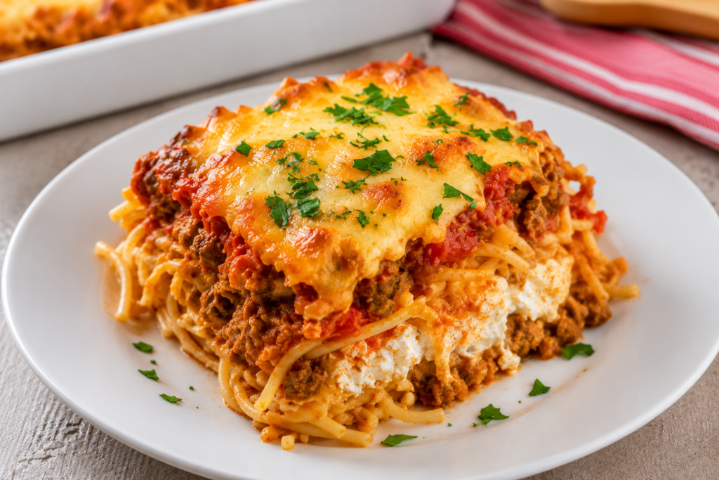 Homemade cheesy baked spaghetti casserole served on a plate