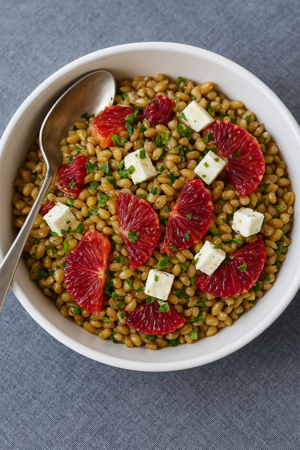 Wheat Berry Salad with Blood Oranges, Feta & Red Onion Vinaigrette