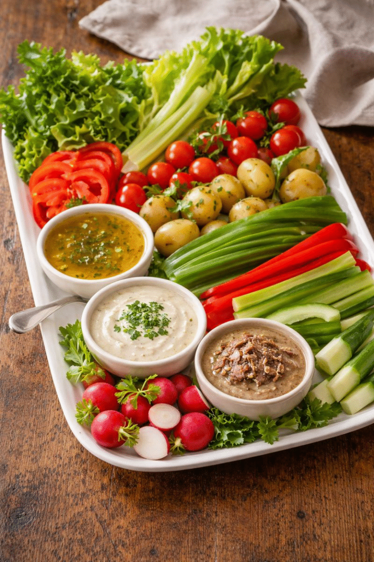 The best easy French crudités vegetable platter served on a large wooden board with three dipping sauces.