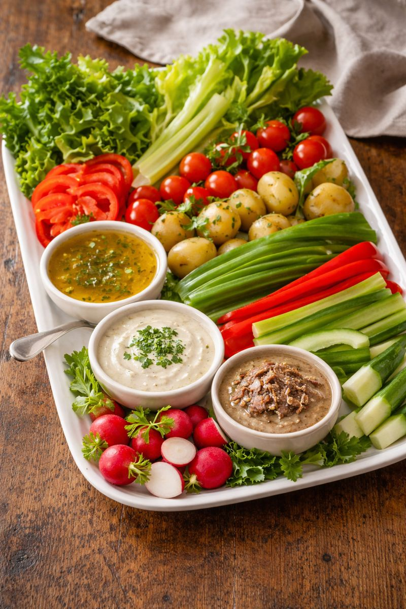 French crudités platter with fresh vegetables and three homemade sauces