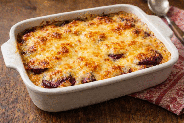 The best easy beetroot gratin baked until golden and bubbly with melted cheese in a ceramic baking dish.