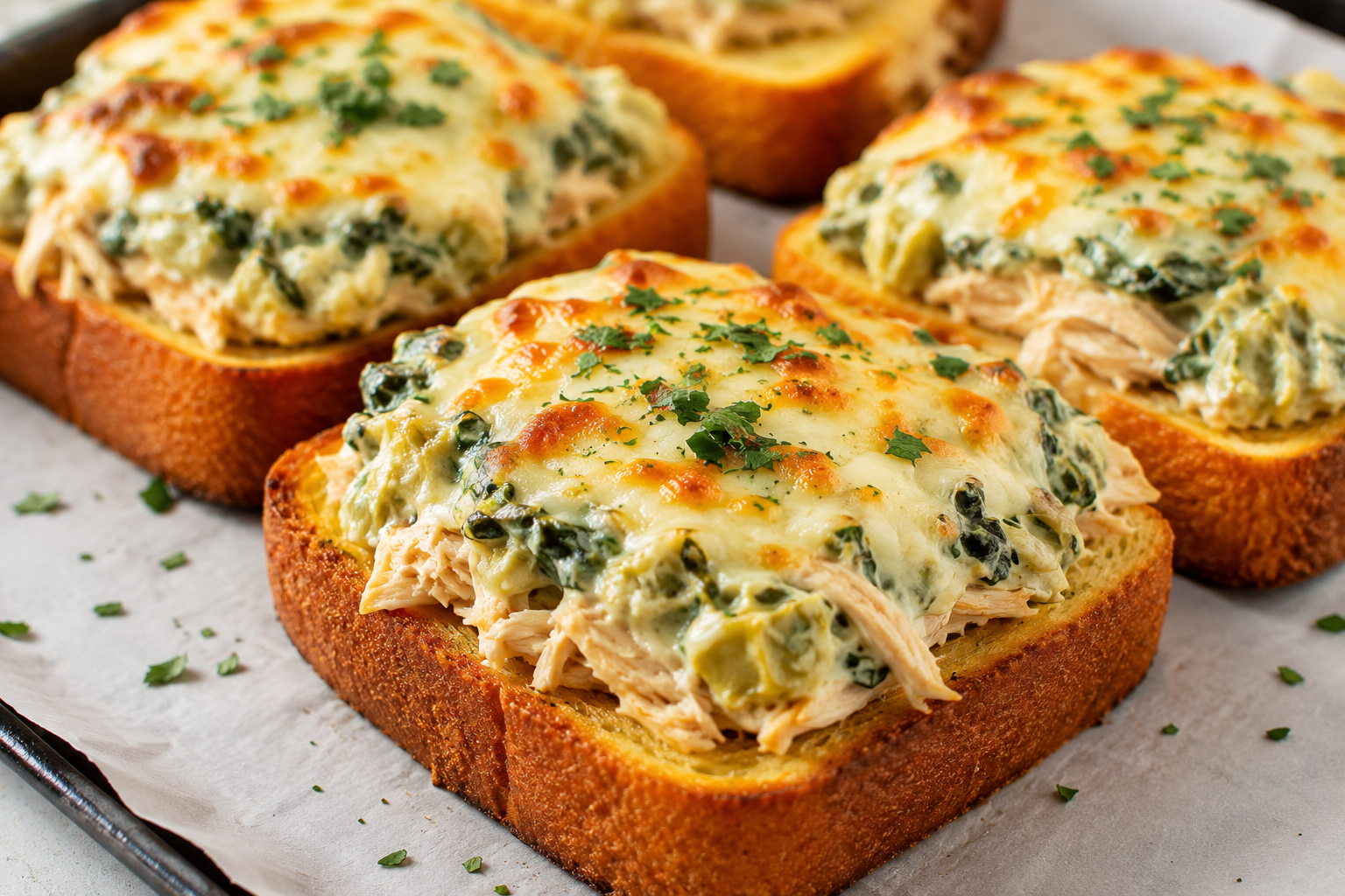 Crispy Texas toast topped with spinach artichoke dip, chicken, and melted cheese