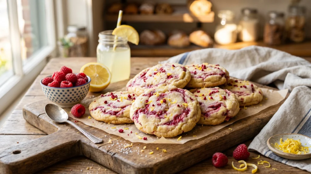 Soft raspberry lemonade cookies with fresh lemon zest and raspberry swirls on a cooling rack.
