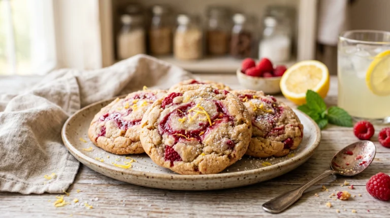 Soft raspberry lemonade cookies with fresh lemon zest and raspberry swirls on a cooling rack.