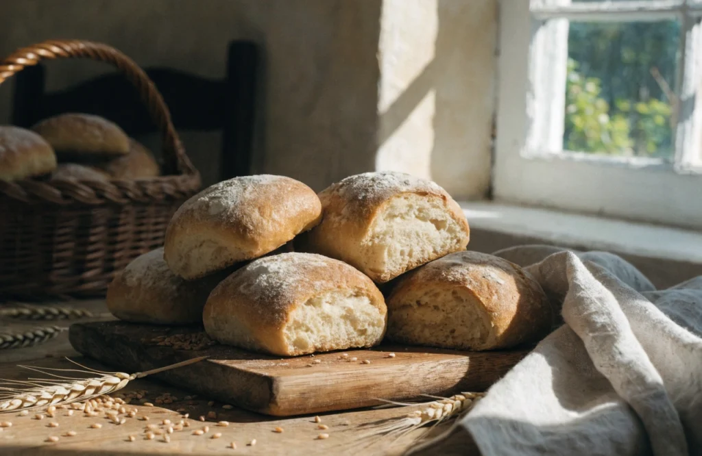Freshly baked whole wheat dinner rolls with a golden crust served on a rustic wooden table.