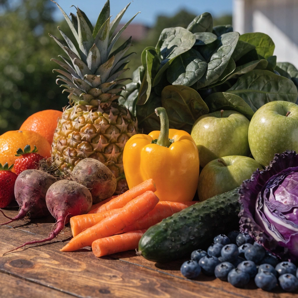 Fresh fruits and vegetables arranged beside a premium juicer, including strawberries, beets, carrots, oranges, pineapple, spinach, cucumbers, blueberries, and purple cabbage for making healthy rainbow juice.