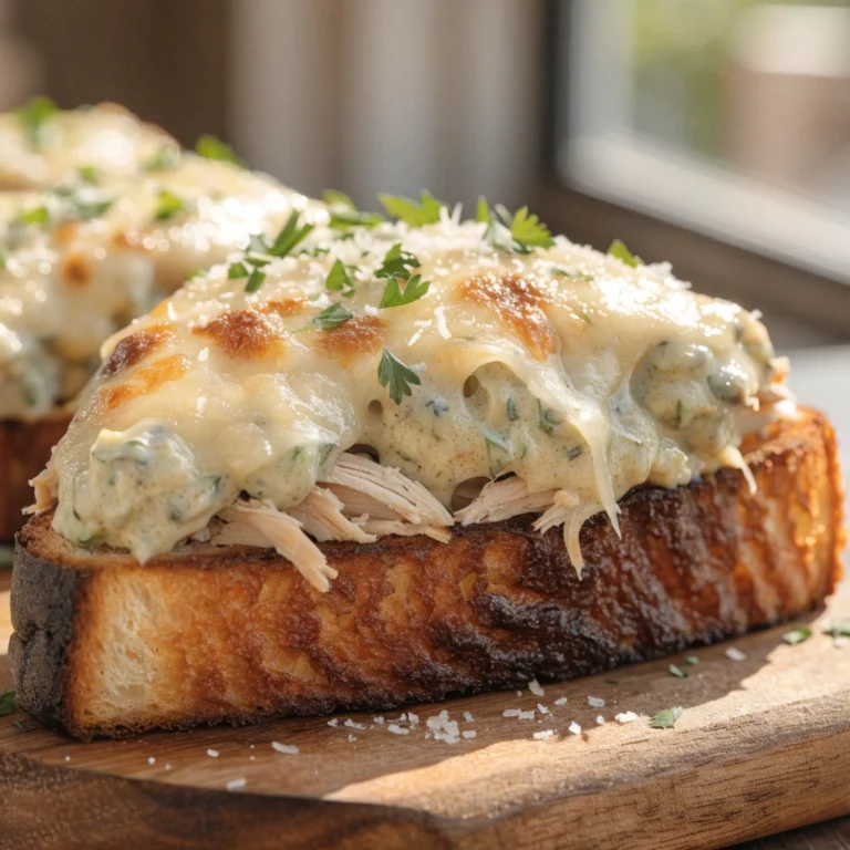 Crispy Texas toast topped with shredded chicken, creamy spinach artichoke dip, and melted mozzarella cheese.