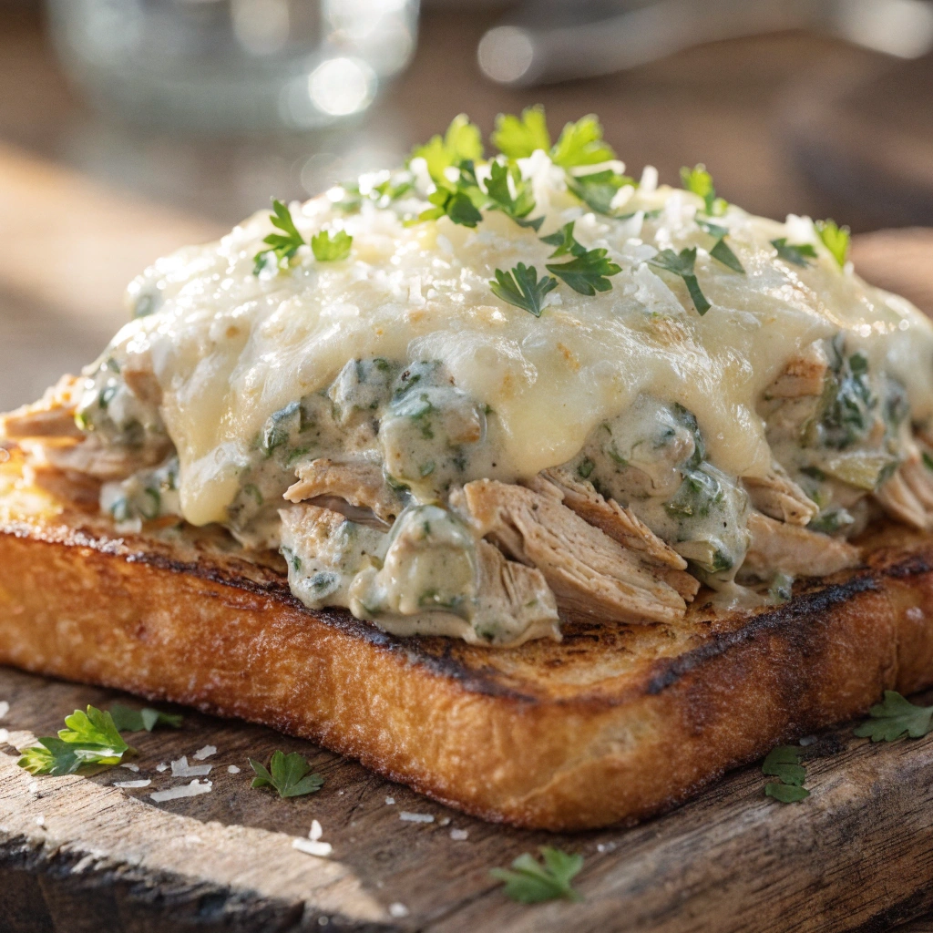Crispy Texas toast topped with shredded chicken, creamy spinach artichoke dip, and melted mozzarella cheese.