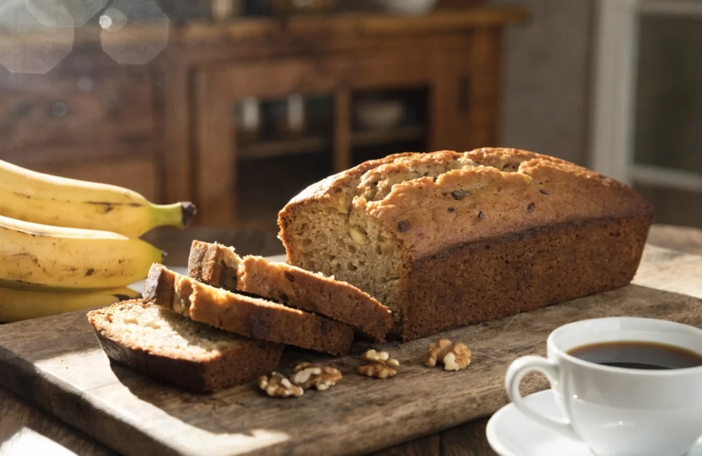 Moist homemade banana bread loaf sliced on a wooden cutting board.