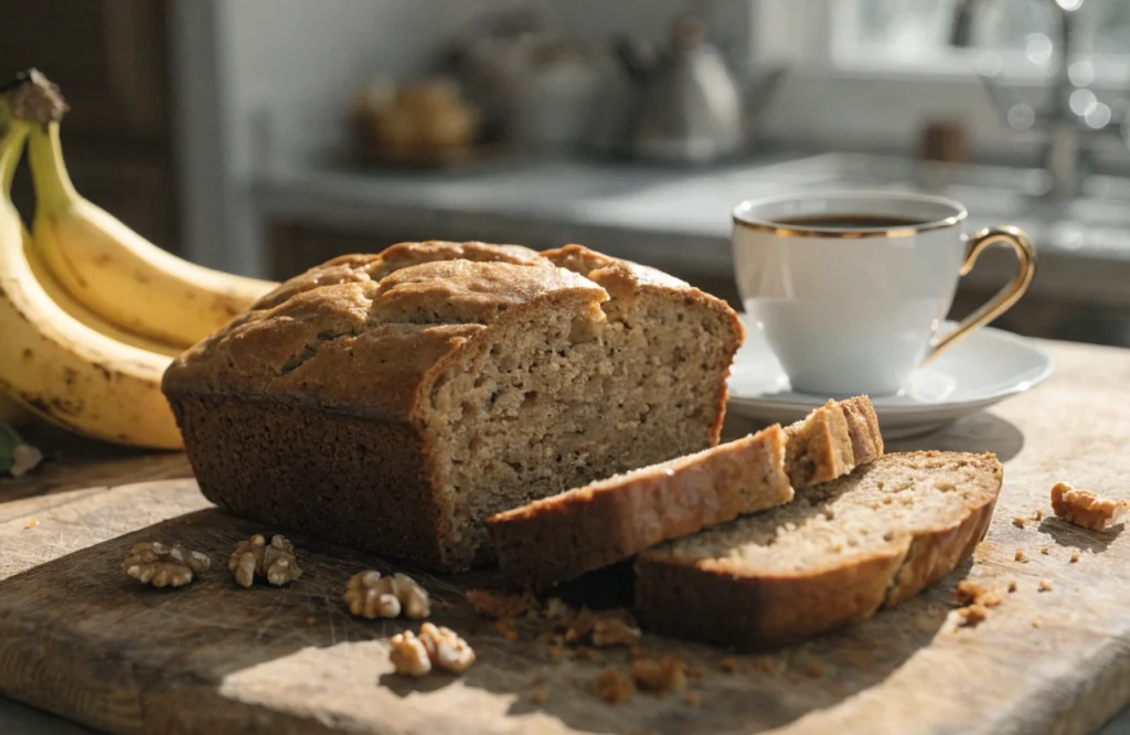 Moist homemade banana bread loaf sliced on a wooden cutting board.