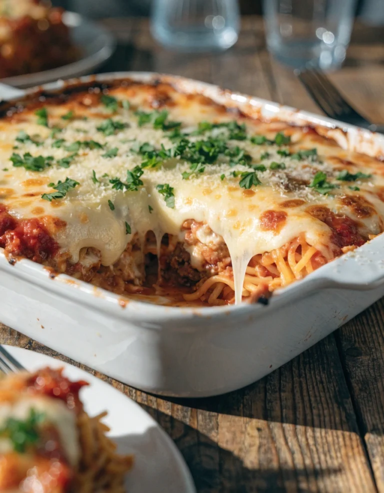 Ultimate Cheesy Baked Spaghetti Casserole with layers of pasta, meat sauce, creamy cheese filling, and melted mozzarella cheese.