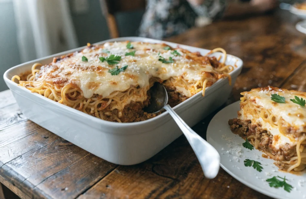Ultimate Cheesy Baked Spaghetti Casserole with layers of pasta, meat sauce, creamy cheese filling, and melted mozzarella cheese.