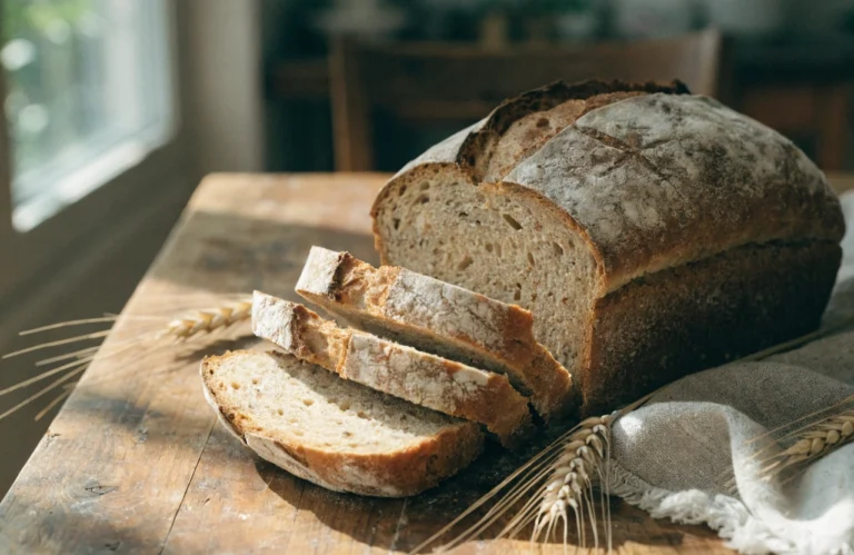 Freshly baked no-yeast whole wheat bread with a rustic golden crust on a wooden table.