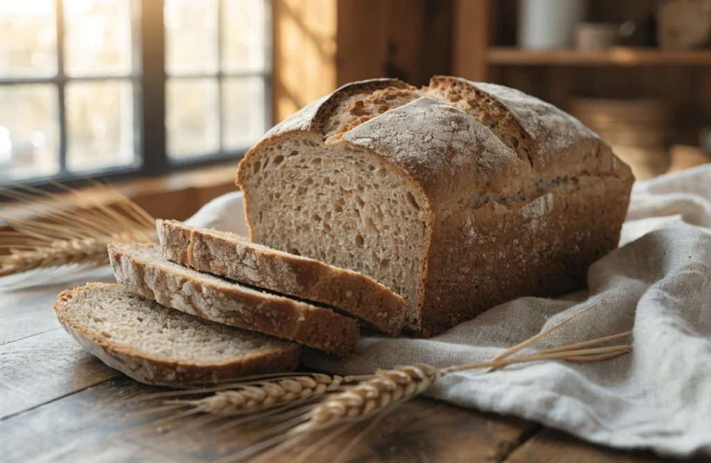 Freshly baked no-yeast whole wheat bread with a rustic golden crust on a wooden table.
