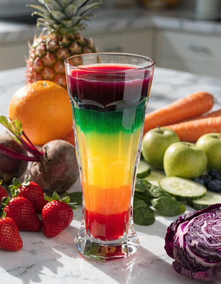 Healthy Rainbow Juice with colorful layers of fresh fruit and vegetable juices rich in vitamins and antioxidants.