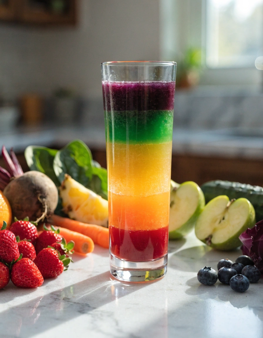 Healthy Rainbow Juice with colorful layers of fresh fruit and vegetable juices rich in vitamins and antioxidants.