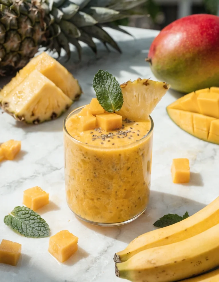 Healthy tropical glow smoothie made with mango, pineapple, banana, and orange juice.
