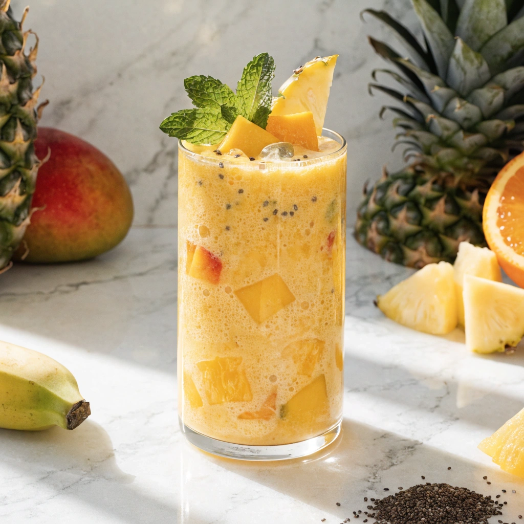 Healthy tropical glow smoothie made with mango, pineapple, banana, and orange juice.