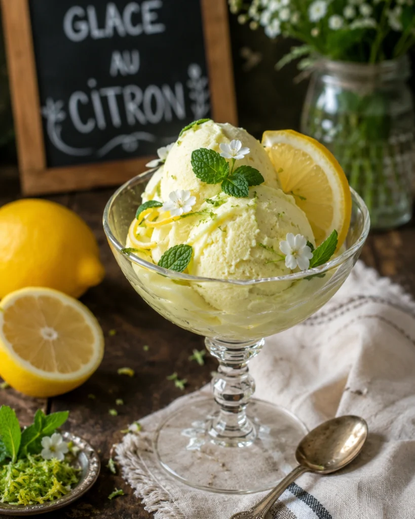 Traditional French lemon ice cream served in a glass dessert dish with fresh lemon and lime garnish