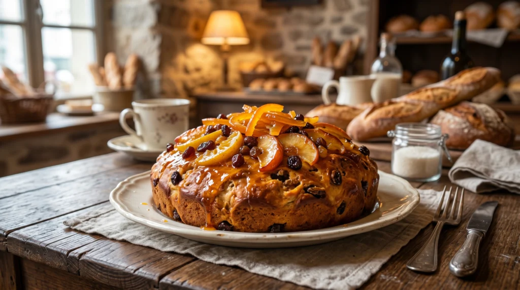 Traditional French bread and fruit cake recipe from a vintage cookbook with apples, raisins, almonds, and orange glaze