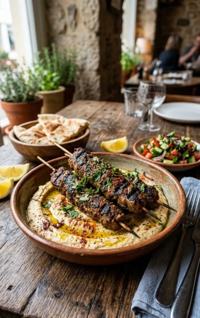 Authentic cumin-flavoured lamb kebabs served with hot houmous, flatbread, and fresh herbs.