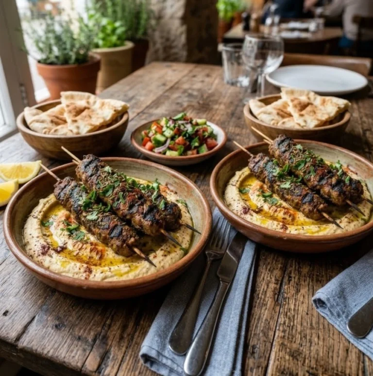 Authentic cumin-flavoured lamb kebabs served with hot houmous, flatbread, and fresh herbs.