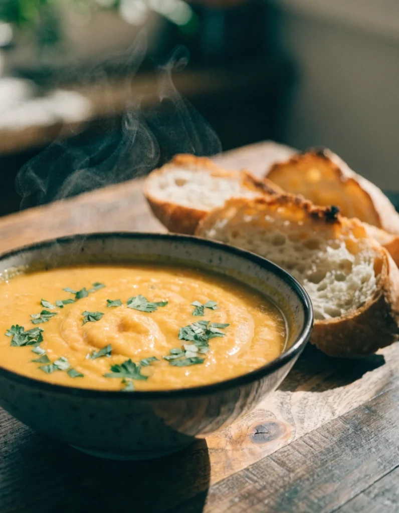 Creamy homemade cheese soup served in a rustic bowl with fresh parsley and crusty bread