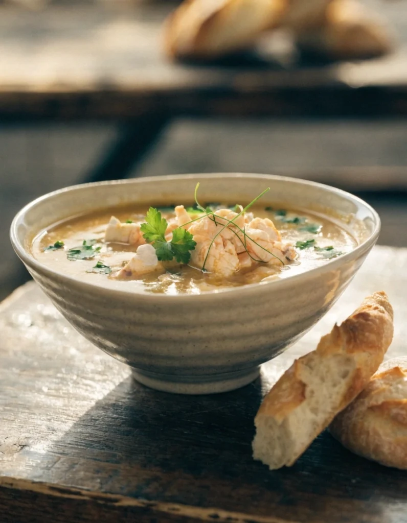 Creamy homemade crab soup with lump crab meat, parsley garnish, and crusty artisan bread served in a rustic bowl.