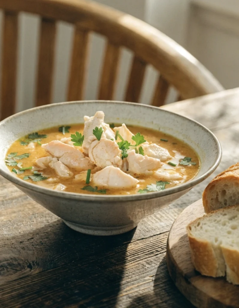 Creamy homemade crab soup with lump crab meat, parsley garnish, and crusty artisan bread served in a rustic bowl.