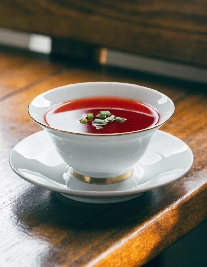 Sherry Tomato Consommé served in an elegant soup cup garnished with fresh chives