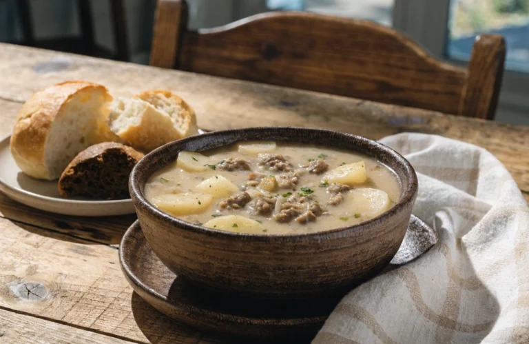 Hearty hamburger and potato soup served in a bowl with ground beef, potatoes, and onions