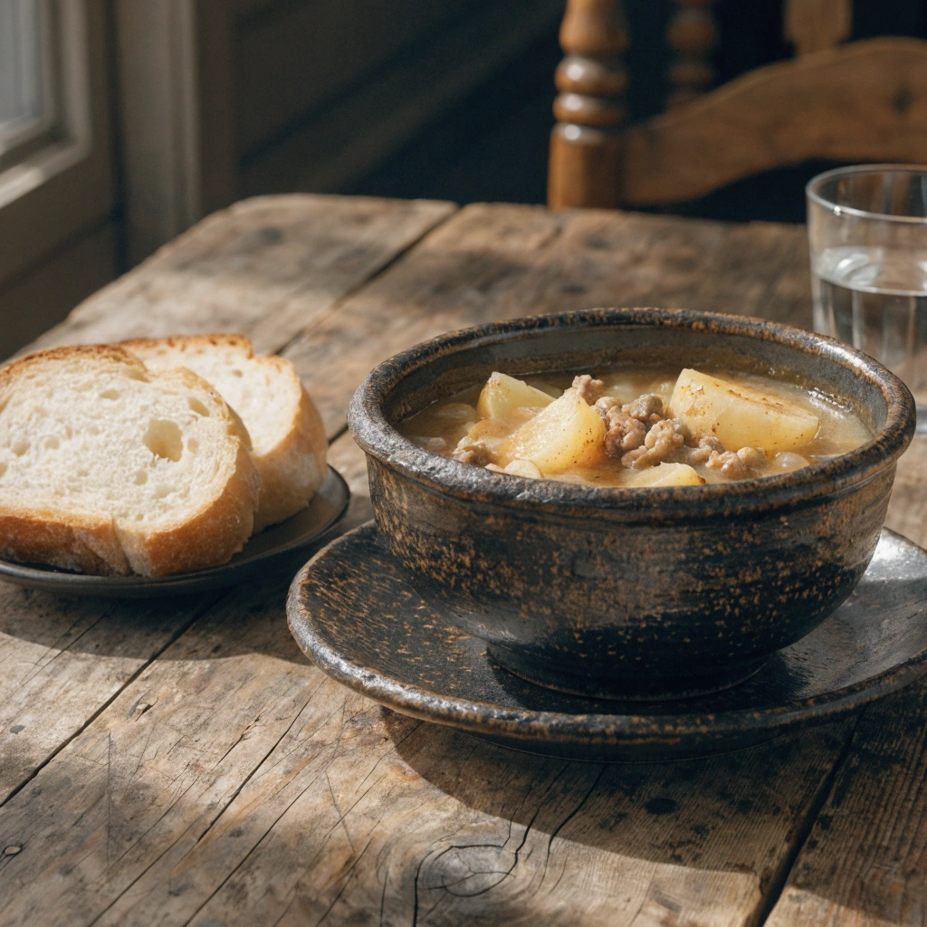 Hearty hamburger and potato soup served in a bowl with ground beef, potatoes, and onions