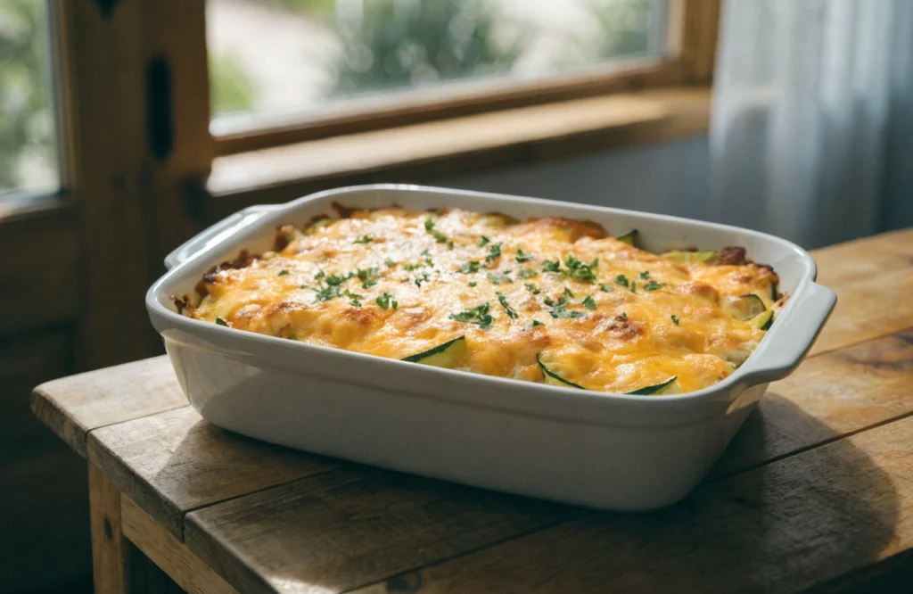 Cheesy zucchini casserole baked until golden brown in a casserole dish