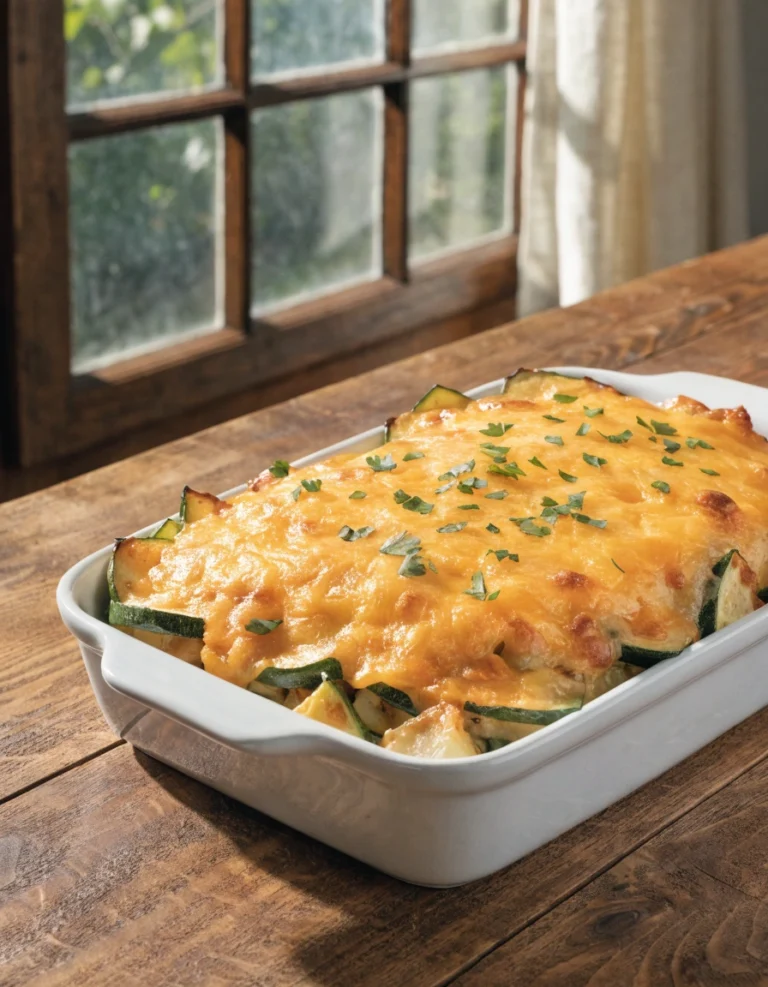 Cheesy zucchini casserole baked until golden brown in a casserole dish