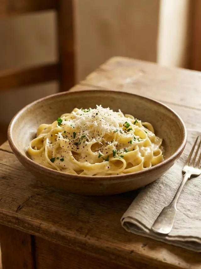 Creamy Fettuccine au Parmesan served with freshly grated Parmesan cheese in a rustic bowl.
