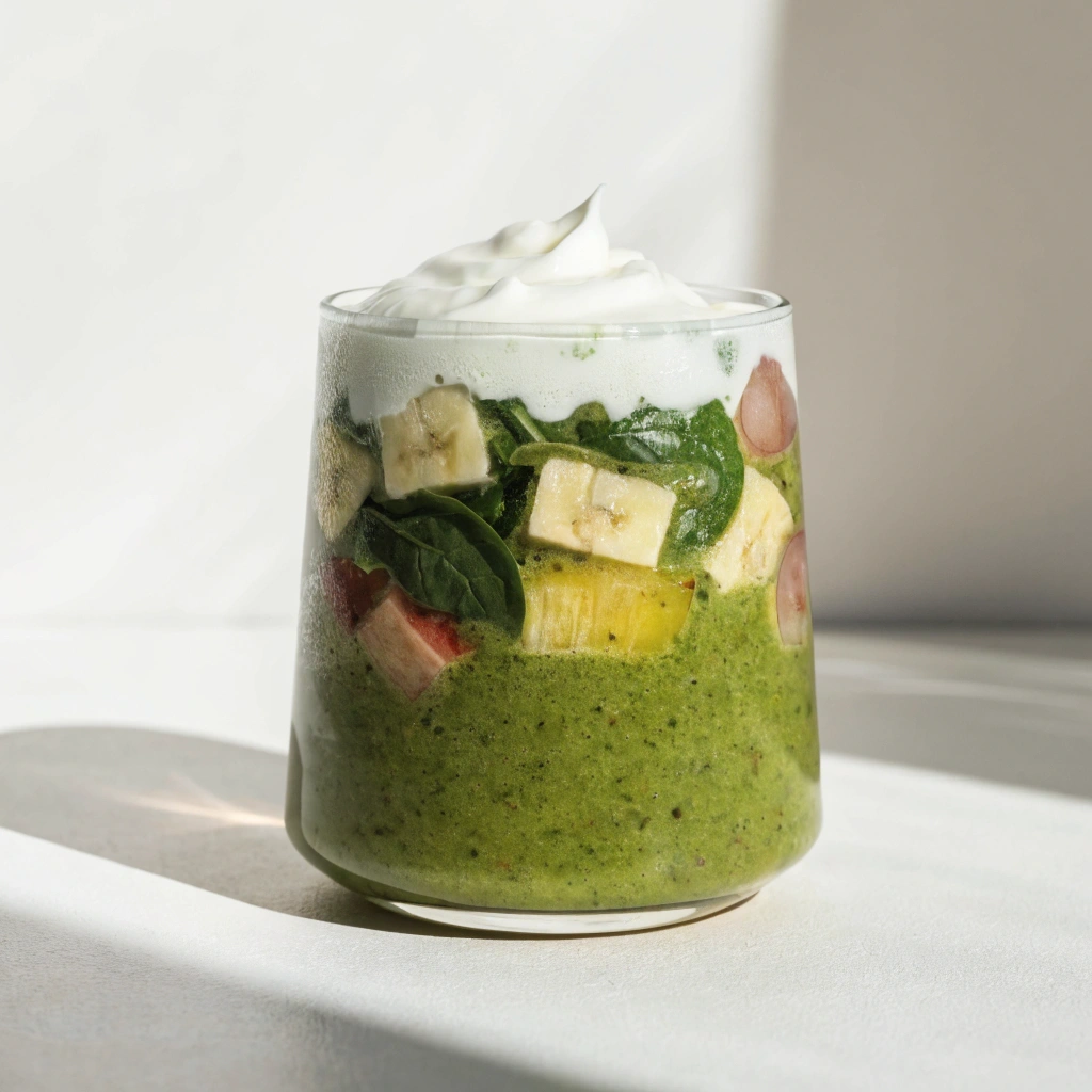 Healthy Popeye Green Smoothie made with spinach, banana, apple, grapes, pineapple, and yogurt