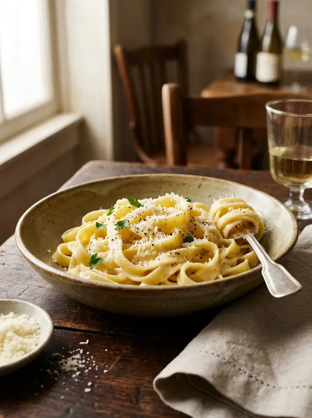 Creamy Fettuccine au Parmesan served with freshly grated Parmesan cheese in a rustic bowl.