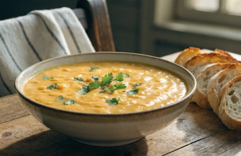 Creamy homemade cheese soup served in a rustic bowl with fresh parsley and crusty bread