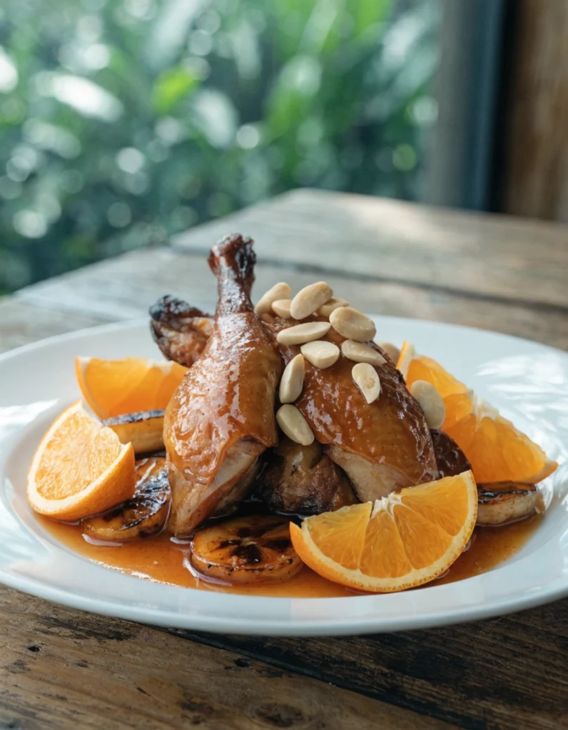 Brazilian-Style Duck Recipe with roasted duck, orange sauce, bananas, rum and Brazil nuts served on a gourmet plate
